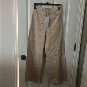 Beige Wide-Leg Pants with Pearl Embellishments